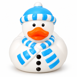 Mini christmas blue snowman rubber duck on a white background