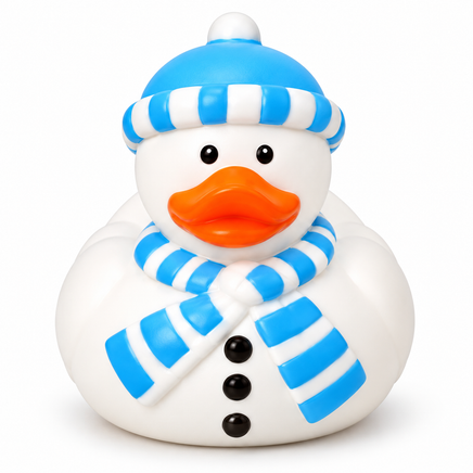Mini christmas blue snowman rubber duck on a white background