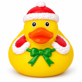 Mini christmas green bow rubber duck on a white background