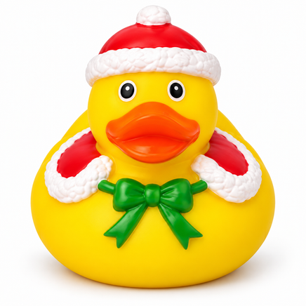 Mini christmas green bow rubber duck on a white background