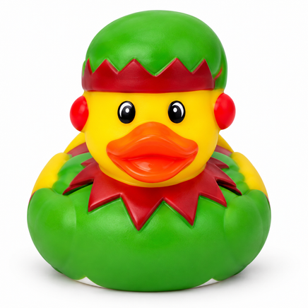 Mini christmas elf rubber duck on a white background