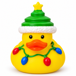 Mini christmas festive lights rubber duck on a white background