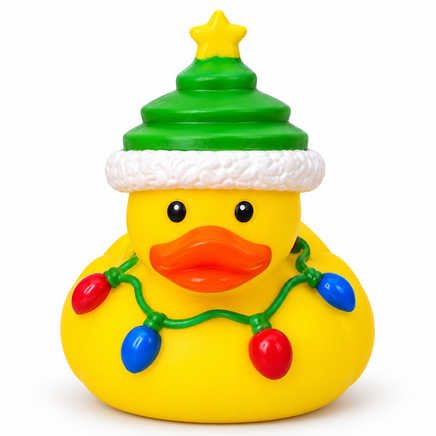 Mini christmas festive lights rubber duck on a white background