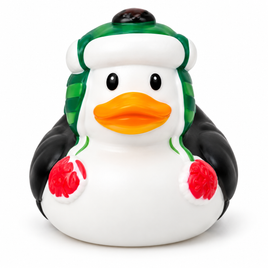 Mini christmas penguin rubber duck on a white background