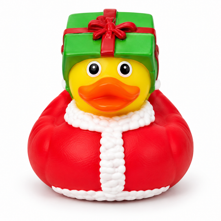 Mini christmas present rubber duck on a white background