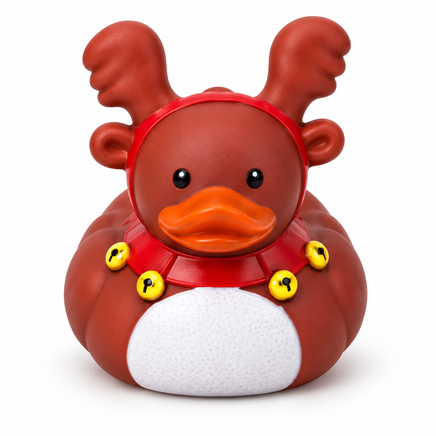 Mini christmas reindeer rubber duck on a white background