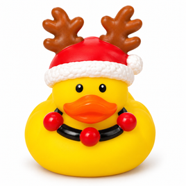 Mini christmas reindeer hat rubber duck on a white background