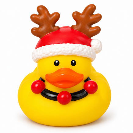Mini christmas reindeer hat rubber duck on a white background