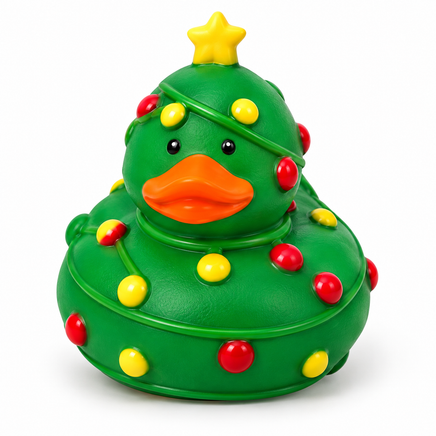 Mini christmas tree rubber duck on a white background