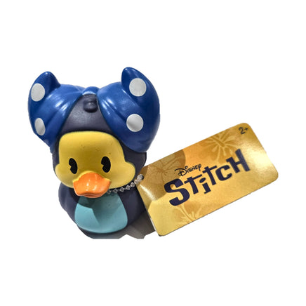 Stitch with Blue Bow Duckalooz rubber duck with attached Stitch product tag on white background