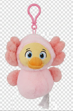 Pink plush keychain with a cartoon face on a black background