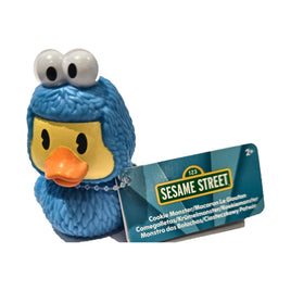 Cookie Monster Duckalooz rubber duck with attached Sesame Street product tag on white background