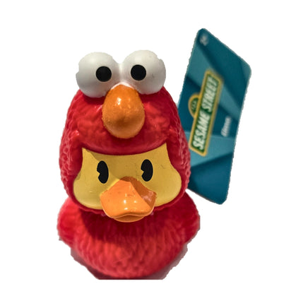 Elmo Duckalooz rubber duck with attached Sesame Street product tag on white background