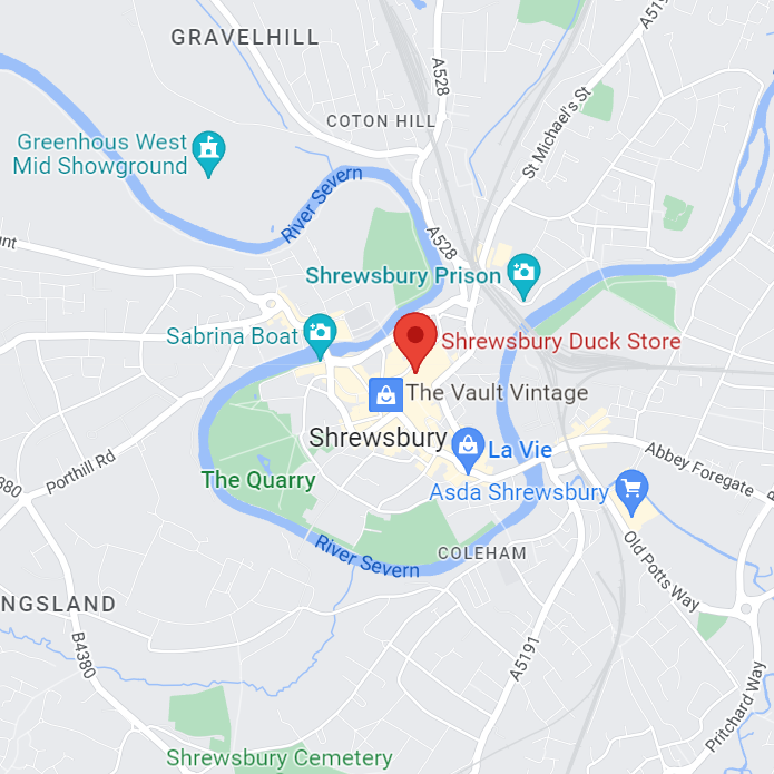 Come and Visit Our Shop: Shrewsbury Duck Store Unit SU24/25, Darwin Centre Shrewsbury, Shropshire  SY1 1BW  Opening hours: Mon - Sat: 9.30am - 5.00pm Sunday:   10.15am - 4.15pm  Check we are open before you travel to see us! Tel: 01743 246080