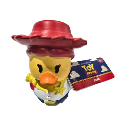 Jessie Duckalooz rubber duck with attached Toy Story product tag on white background