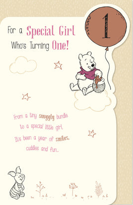 Winnie The Pooh Birthday Greetings Card - 8x5 inches 1st Girl