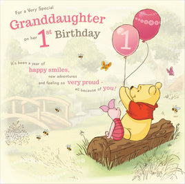 Winnie The Pooh Birthday Greetings Card - 8x8 inches  Granddaughter 1st