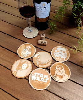 Set of 6 Star Wars Wood Coasters - Princess Leia, BB8, Chew, Darth Vader, Stormtrooper, Logo - Cup Holders